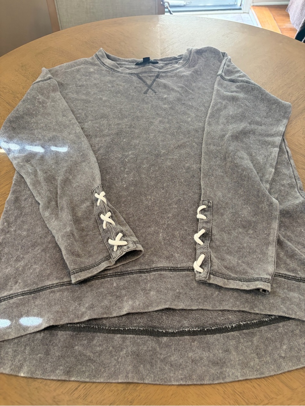 Woman’s  Washed Gray Long-Sleeve Sweater with Lace-Up Cuff Detail